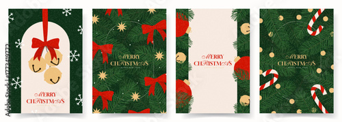 Modern Christmas and New Year flyers. Vector collection of Christmas cards with balls, jingle bells, branches of Christmas tree, stars, snowflakes, bows and light garlands. New Year posters or covers.