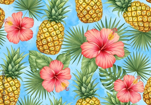 Tropical Paradise Pineapple, Hibiscus, and Palm Leaves Seamless Pattern on a Blue Background