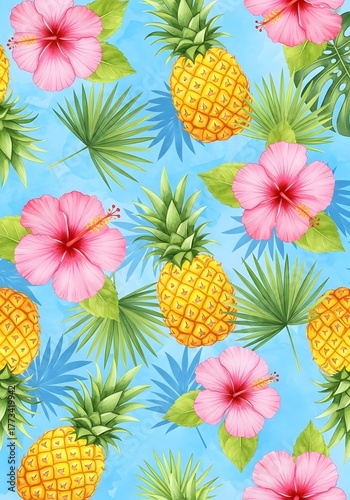 Vibrant Tropical Pineapple and Hibiscus Pattern on a Blue Background, Perfect for Summer Designs