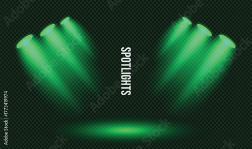 Green spotlights shining on a stage with a dark checkered background create a dramatic and focused atmosphere