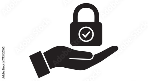 Black silhouette icon of a hand holding a padlock with a checkmark, signifying security and protection, isolated on transparent background