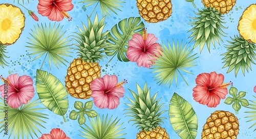Tropical Fruit Paradise Vibrant Pineapple and Floral Pattern on a Blue Watercolor Background