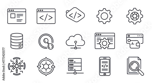 A collection of thin line icons representing software development and programming concepts.