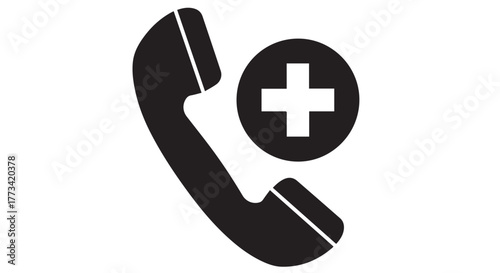 Icon of a telephone receiver with a plus sign in a circle, indicating a call or contact option isolated on transparent background
