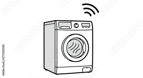 Illustration of a modern washing machine with wifi signal waves emanating from it, indicating smart functionality isolated on transparent background