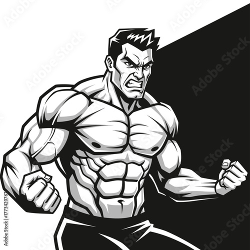 Powerful muscular man flexing biceps showing strength and determination in black and white style