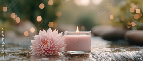Soft pink flower and lit candle create peaceful spa atmosphere for wellness and care meditation enhancing relaxation and calm in serene natural setting