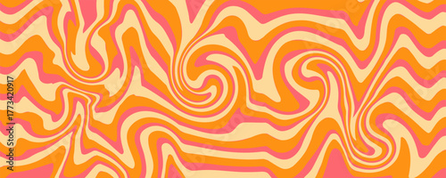 1970 Wavy Swirl Seamless Pattern in Orange and Pink Colors. Hand-Drawn Vector Illustration. Seventies Style, Groovy Background, Wallpaper, Print. Flat Design, Hippie Aesthetic.