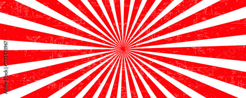 Vibrant red and white radial sunburst pattern with converging lines creating a bold optical and geometric visual effect.