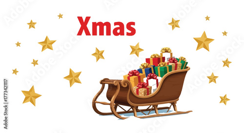 A festive wooden sleigh overflowing with colorful Christmas gifts is propelled through a starry night sky.