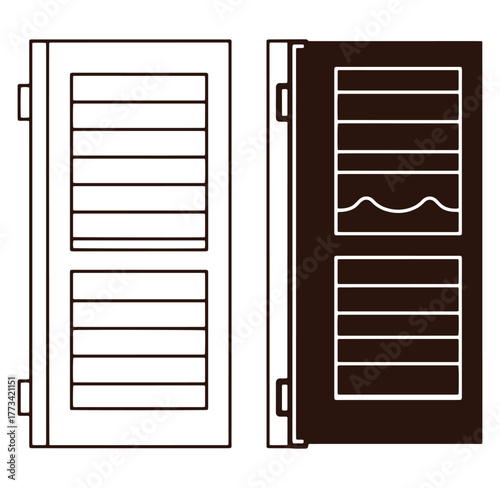Open and closed window shutters vector illustration in black and white outline style