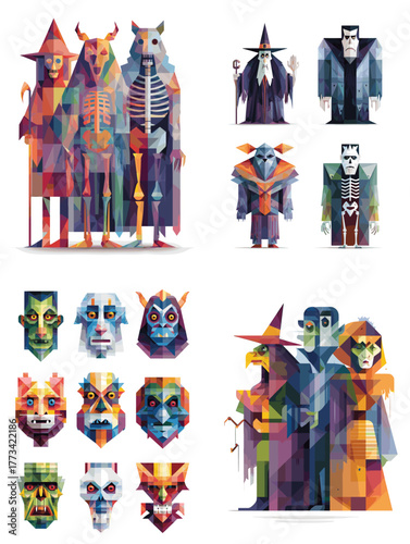 Vibrant geometric fantasy characters and masks in polygonal style, featuring witches, demons, and monsters. Ideal for Halloween posters, gaming art, or concept design.