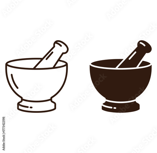 Stylized black and white illustration of mortar and pestle herbs medicine pharmacy concept