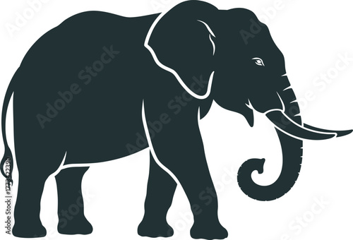 Elephant Silhouette Vector – Stylized Profile Icon with Curved Trunk, Tusks, and White Accents