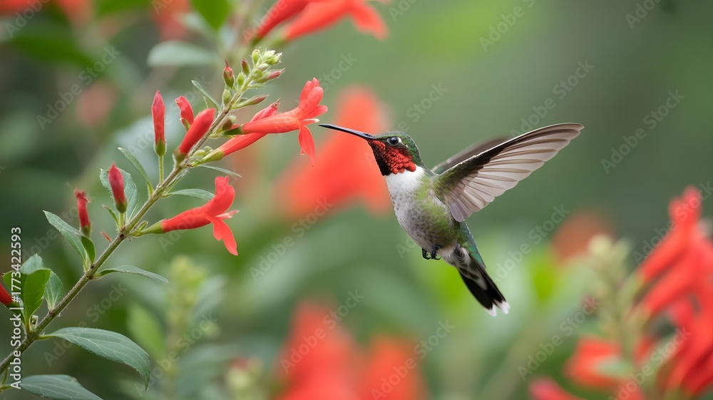 Obraz premium Experience the vibrant energy of nature with this stunning hummingbird gracefully feeding on bright red flowers - a perfect image to evoke joy and natural beauty