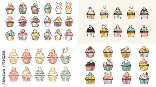 Adorable pastel cupcake collection with cute bunny toppers and frosting designs. Perfect for bakery logos, kids’ party invitations, and sweet-themed packaging.