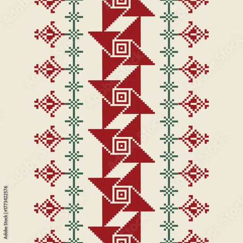 Pixel art red flower on cream background wallpaper oriental seamless pattern.ornament. Ethnic .decor style. geometric ornament. Vector seamless pattern. blanket, rug. Woven carpet fabric