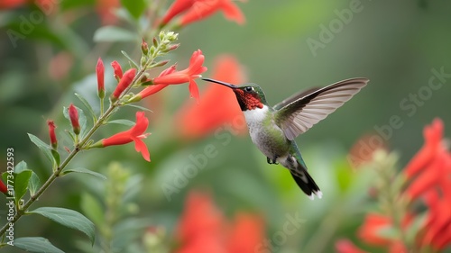 Experience the vibrant energy of nature with this stunning hummingbird gracefully feeding on bright red flowers - a perfect image to evoke joy and natural beauty