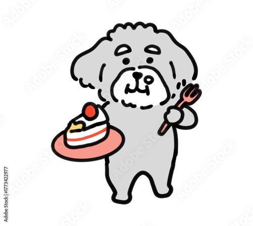 ケーキを食べる手描きの犬