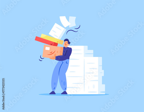 Illustration of a male employee trying to carry and do many tasks. The work is too heavy and too much. The tasks are piling up. The difficulty and burden of work. Flat style design. Blue background.