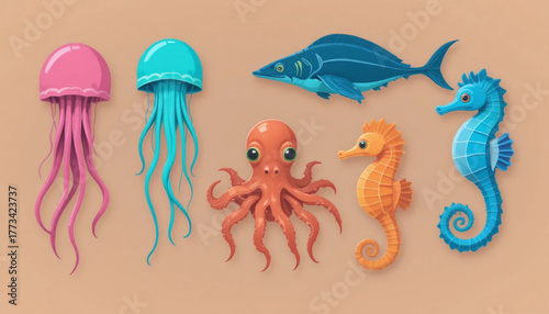 A set of flat colored sea animal illustrations on a plain background