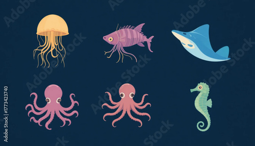A set of flat colored sea animal illustrations on a plain background