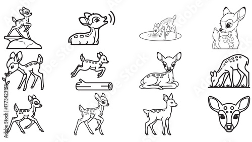 Adorable Collection of Fawn and Young Deer Forest Icons in a Clean Bambi-Style Outline Vector Series