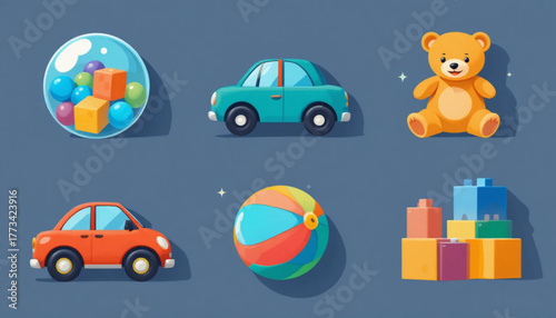 A set of flat colored children's toy illustrations on a plain background. 