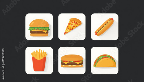 A set of flat colored fast food illustrations on a plain background. 