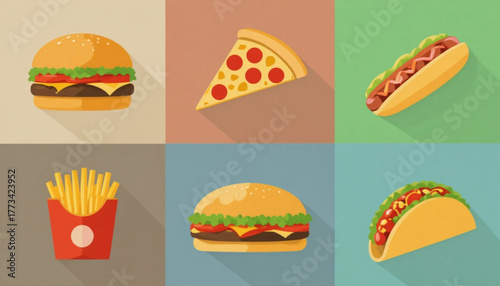 A set of flat colored fast food illustrations on a plain background. 