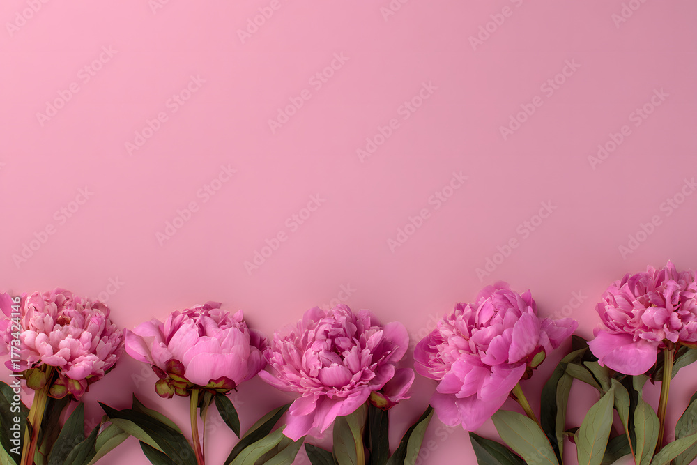 Obraz premium Pink peonies on a pastel pink background, space for text, postcard