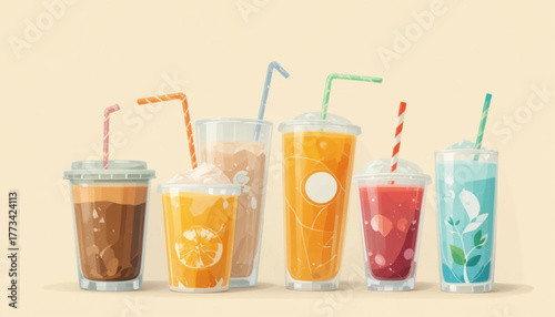 Illustration of various flat colored drinks on a plain background 