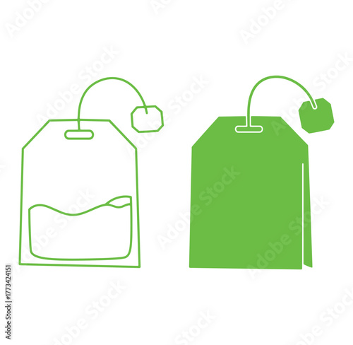 Two green tea bag icons depicting herbal beverage preparation and relaxation