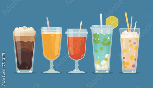 Illustration of various flat colored drinks on a plain background 