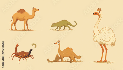 A set of flat colored desert animal illustrations on a plain background