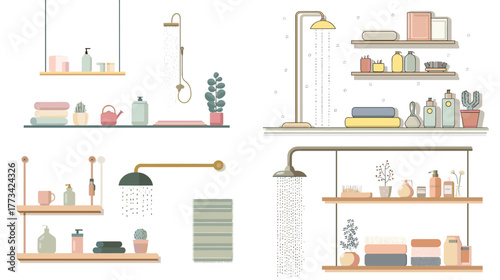 Minimalist bathroom interior illustration with modern shower, towels, plants, and toiletries on shelves, perfect for lifestyle, hygiene, and home decor themes.