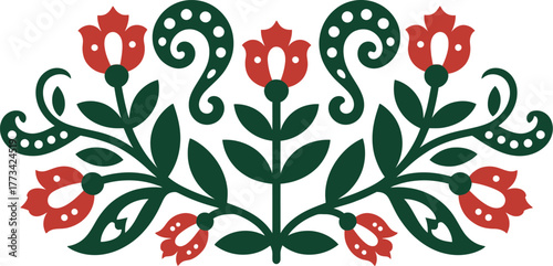 Red and green folk art floral design with swirls