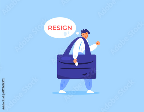 Illustration of a man wanting to resign from his job. An employee carrying a briefcase and wanting to quit his job. Resignation concept. Flat design. Blue background.
