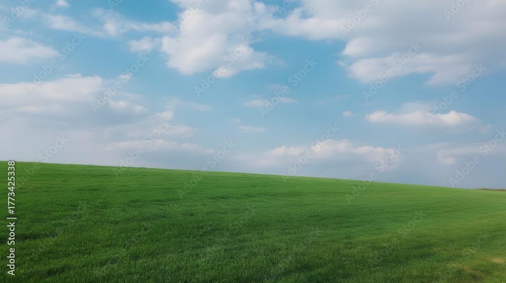 Obraz premium Breathtaking green meadow stretches beneath a serene blue sky dotted with fluffy clouds, evoking feelings of peace and escape, perfect for nature lovers
