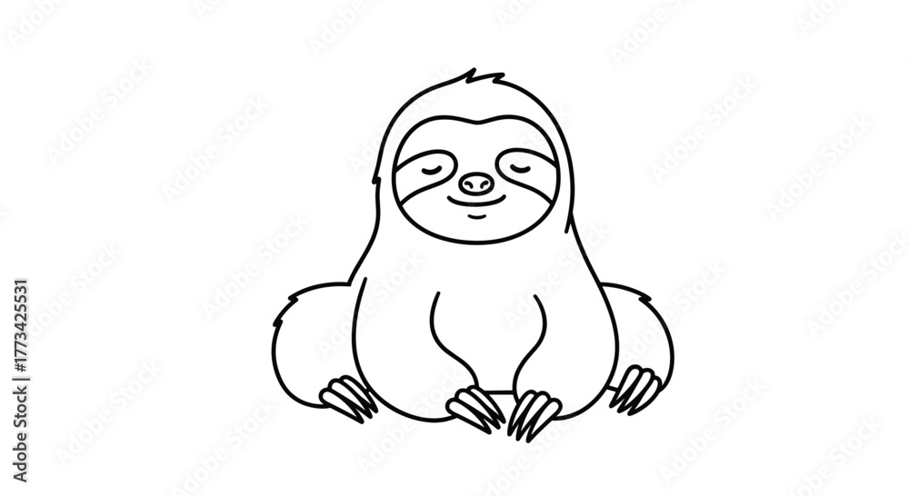 Naklejka premium A cute sloth is sitting comfortably, relaxed and smiling, with closed eyes, exuding serenity and simple charm.