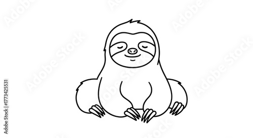 A cute sloth is sitting comfortably, relaxed and smiling, with closed eyes, exuding serenity and simple charm.