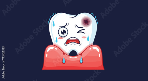 A sad, cartoon tooth with a cavity and sweat drops, showing distress.