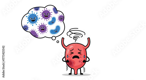 Cartoon illustration depicting a sad bladder thinking about viruses, possibly representing a bladder infection or other condition.