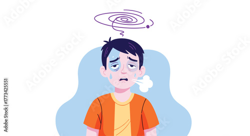 Young boy looking unwell with a dizzy swirl above his head and sweat on his brow.