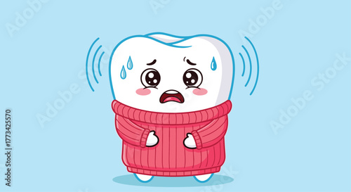 Cute cartoon tooth wearing a sweater and shivering in fear or discomfort against a blue background, dental concept.
