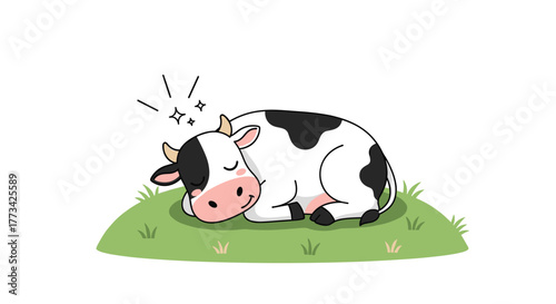 A cute cartoon cow sleeping peacefully on a grassy hill, with sparkling embellishments above its head, conveying relaxation and tranquility.
