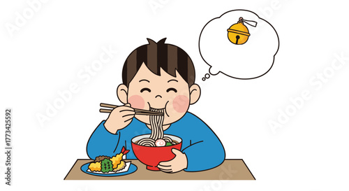 Boy happily eats noodles with chopsticks while thinking about a bell, suggesting satisfaction or a reward for finishing his meal.