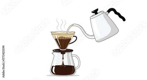 A white pour-over coffee maker drips hot coffee into a glass carafe, with steam rising from the filter.
