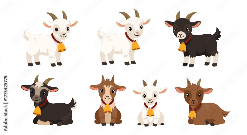 Fototapeta premium A charming collection of cartoon goats in various colors and poses, each adorned with a bell around its neck, perfect for whimsical illustrations and designs.