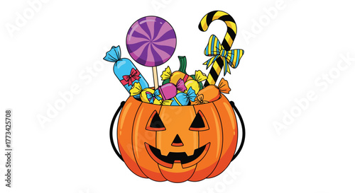 Halloween pumpkin bucket filled with colorful candies and lollipops for trick or treating.